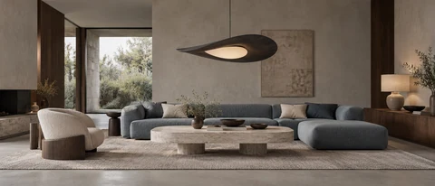 Ảnh ý tưởng phòng khách với ánh sáng dịu, đèn thả graphite và sofa xanh xám